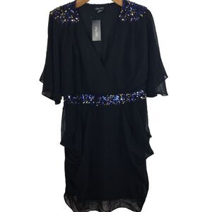 City Chic Womens Ciela Sequin Drape Batwing Sleeve Sheer Dress Black Size S 16